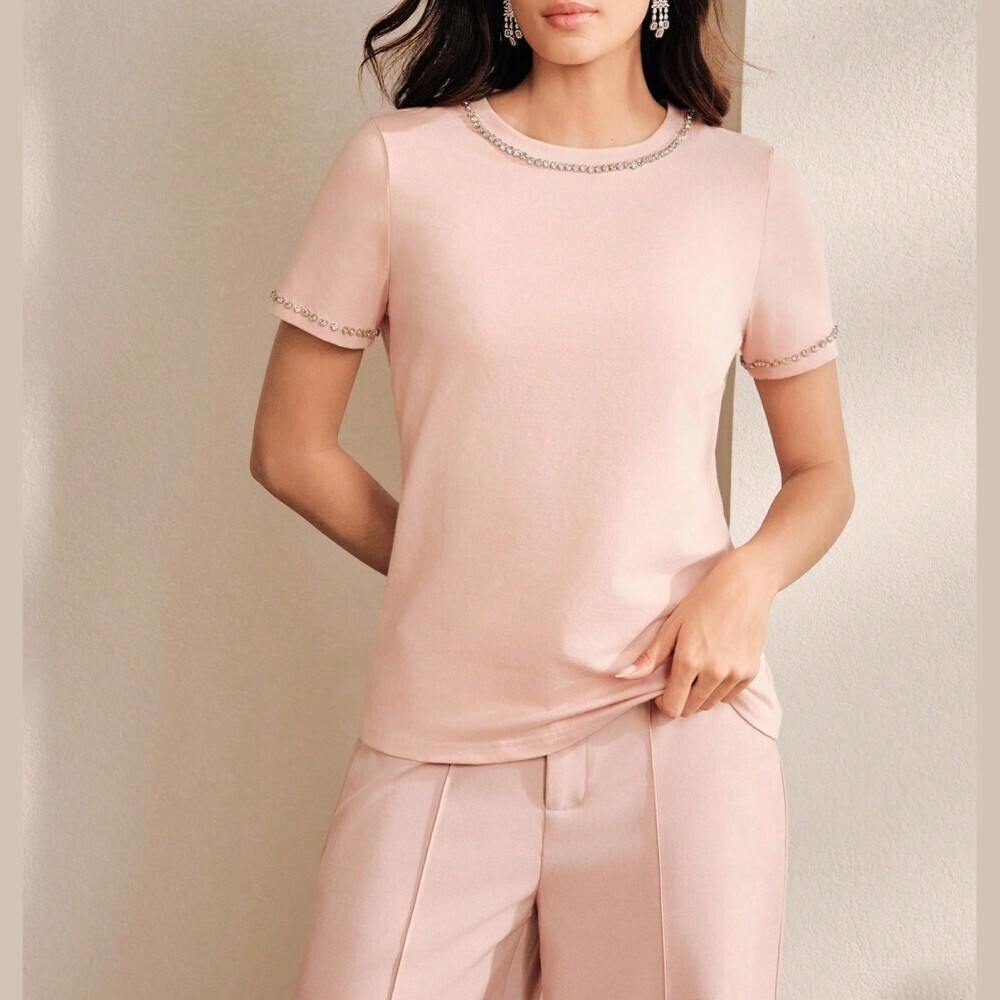 Blush Pink Knit Top with Rhinestone Trim